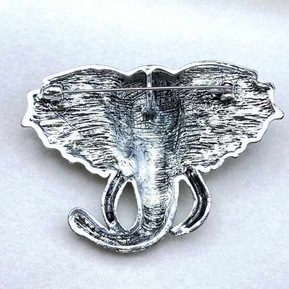 Silver with Emerald Peridot Green and AB Crystal Tusked Elephant Pin Back Brooch - Picture 9 of 10